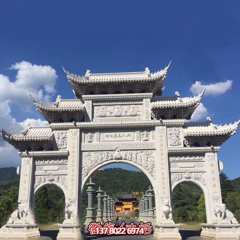 大型漢白玉寺院景區(qū)三門石雕牌樓